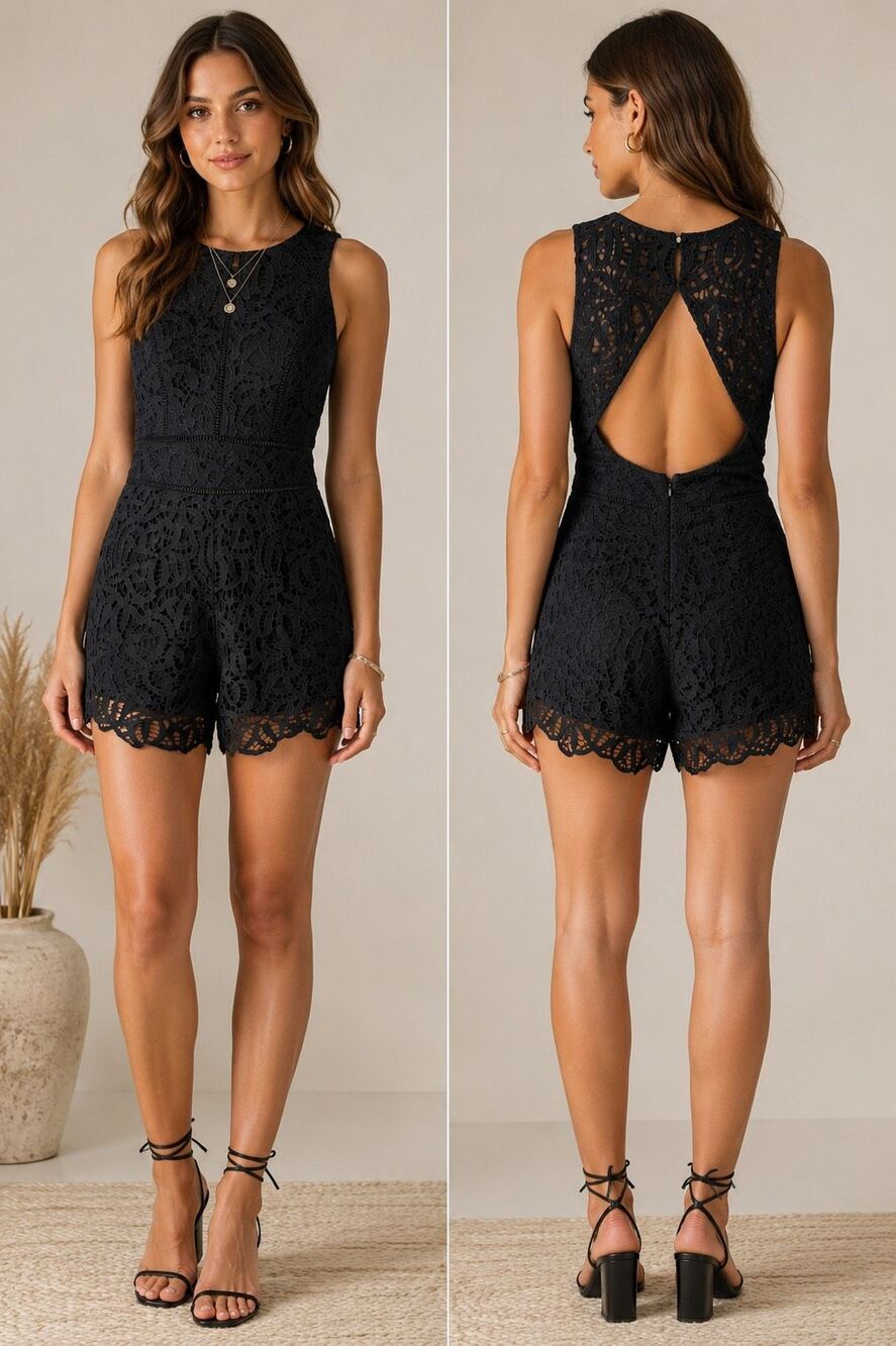Adelyn Rae Black Lace Overlay Romper Size L Open Back Cocktail Party Dressy